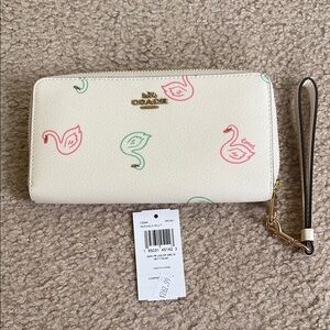 Coach Cream and Pink Clutch Wristlet with Flamingo Design